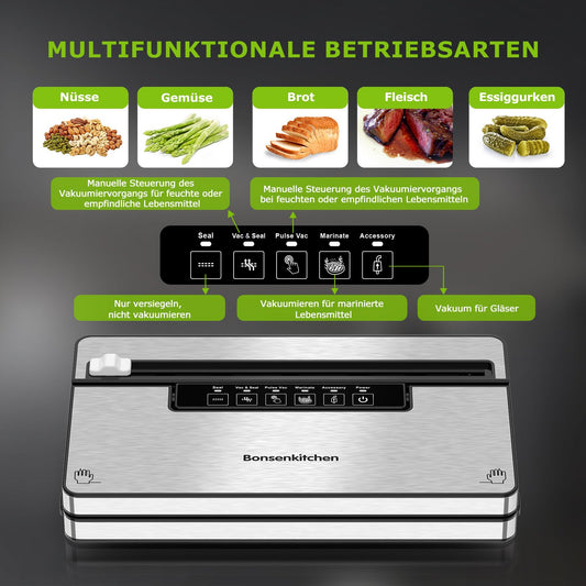 Bonsenkitchen Vacuum Sealer, Strong Vacuum Sealer with 5 Modes, 8 L/Min, Globefish Technology for Continuous High-Speed Operation, Includes 100 Vacuum Bags and 1 Roll Bag.