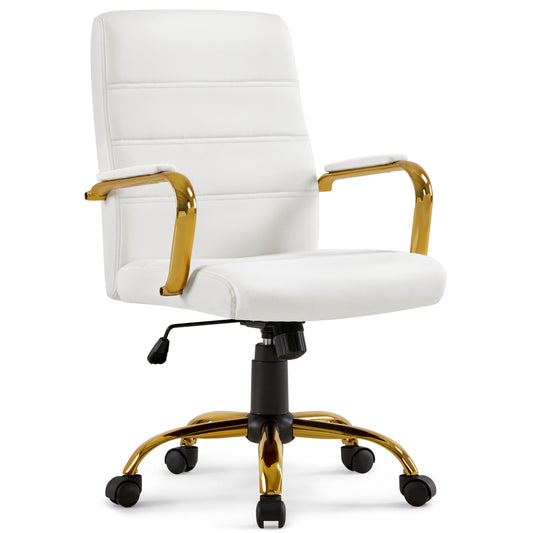Yaheetech office chair ergonomic desk chair, swivel chair with casters, office stool with armrests, work chair with backrest, executive chair load capacity up to 130kg White/Golden.