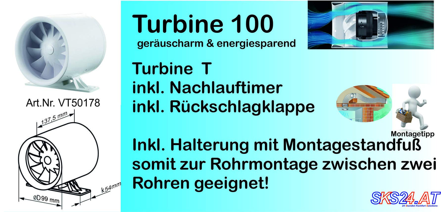 SKS24 duct insert fan soundless turbine 100mm, with timer and ball bearing motor.
