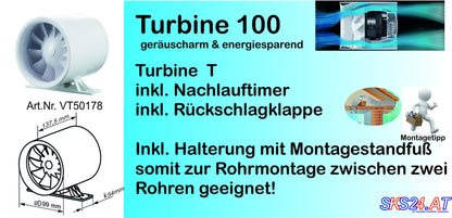 SKS24 duct insert fan soundless turbine 100mm, with timer and ball bearing motor.