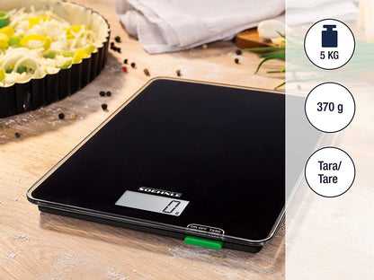 Soehnle Page Compact 100, digital kitchen scale, weight up to 5 kg (accurate to 1 g), household scale with convenient tare function, electronic scale including batteries, compact size, black.