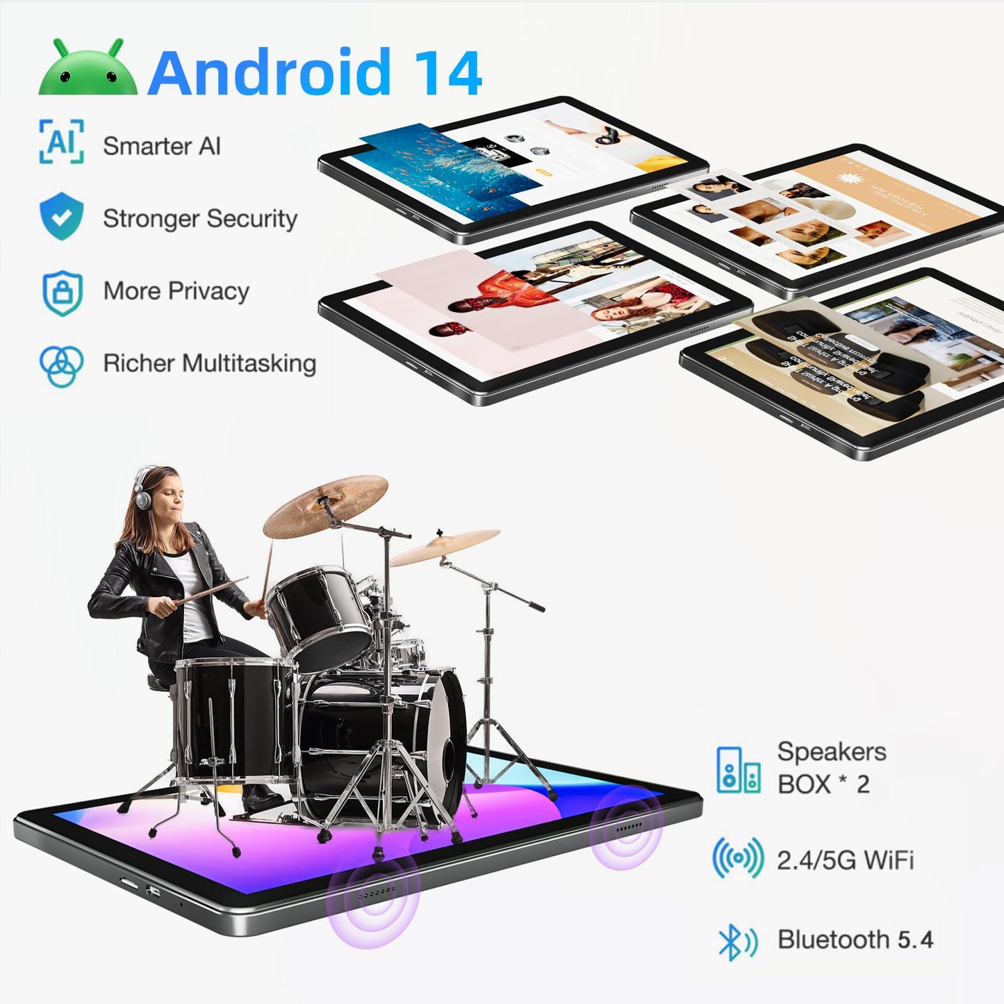 Rebecco 10-inch Tablet, Android 14 Tablet with Bluetooth 5.4, 12GB RAM+128GB ROM (expandable to 1TB), Octa-Core Android 14, 1280x800 IPS HD Touchscreen, WiFi 6, Dual Camera, 6000mAh battery, Widevine L1.
