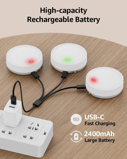Rechargeable LED spot with remote control, 2400mAh battery operated wirelessly dimmable display lighting with timer and magnet, round under cabinet light kitchen battery without cable USB-C cabinet lighting.