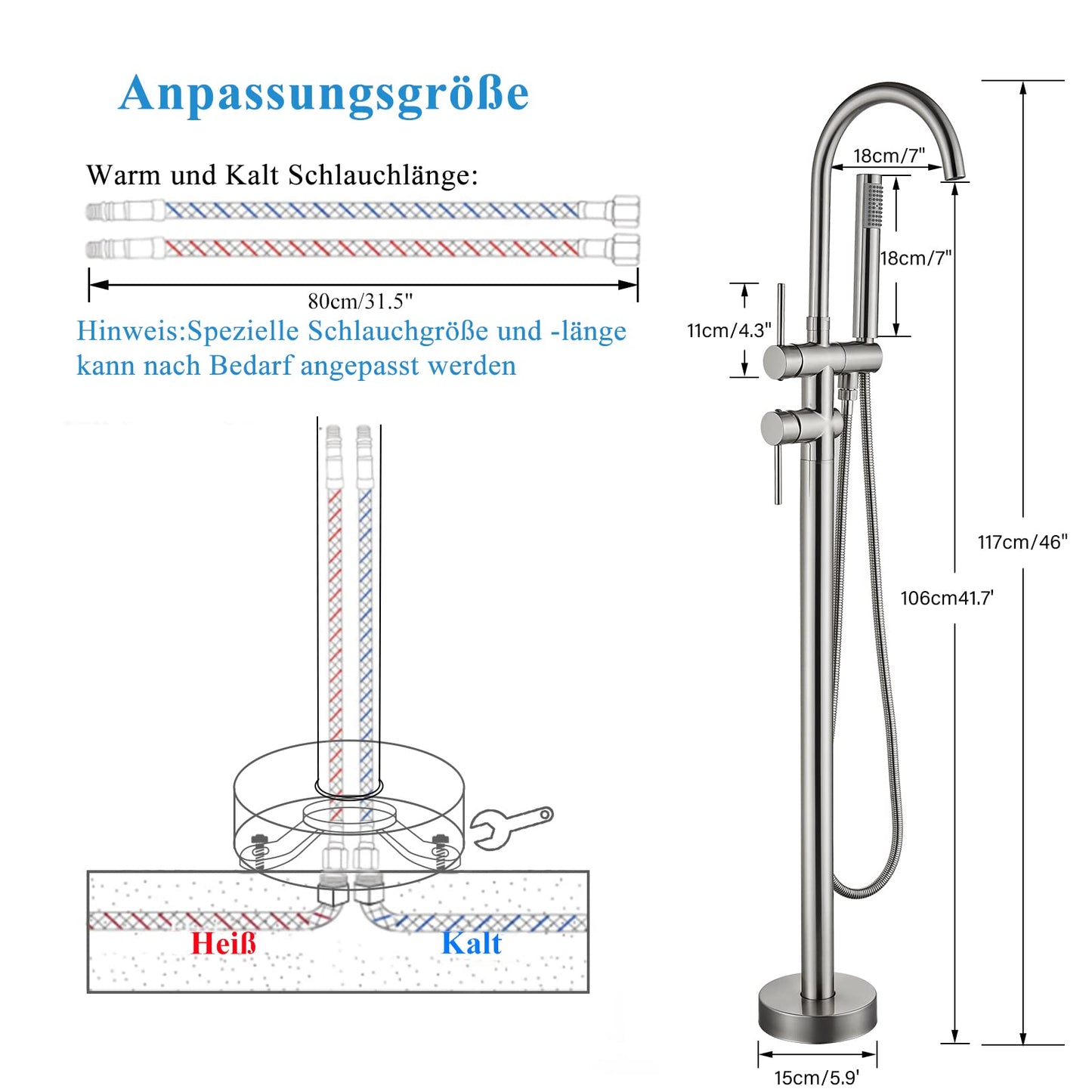 Rozin Freestanding Bathtub Faucet Brushed Nickel Brass Two Handles 360° Rotatable Spout with Hand Shower 150cm Hose Bathroom Tub Faucets