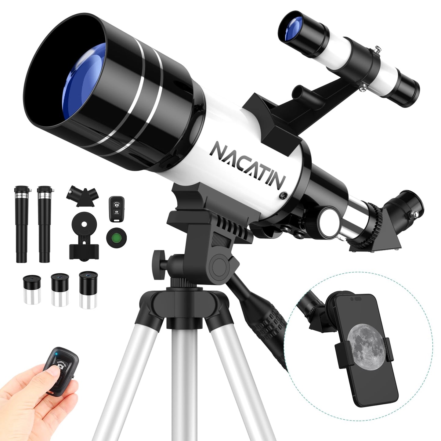 Telescope for kids, NACATIN 70mm aperture refractor telescope for kids, adults & beginners, adjustable tripod, with smartphone adapter and wireless remote control.