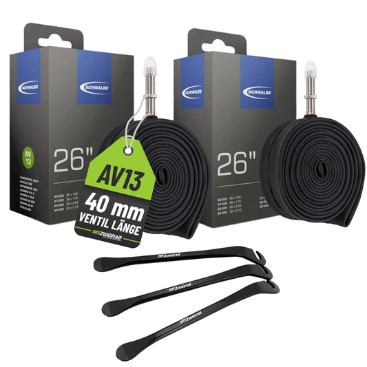 2 pack Schwalbe bicycle tube AV13 40mm 26 inch (40/62-559) including 3 MSZweirad tire levers