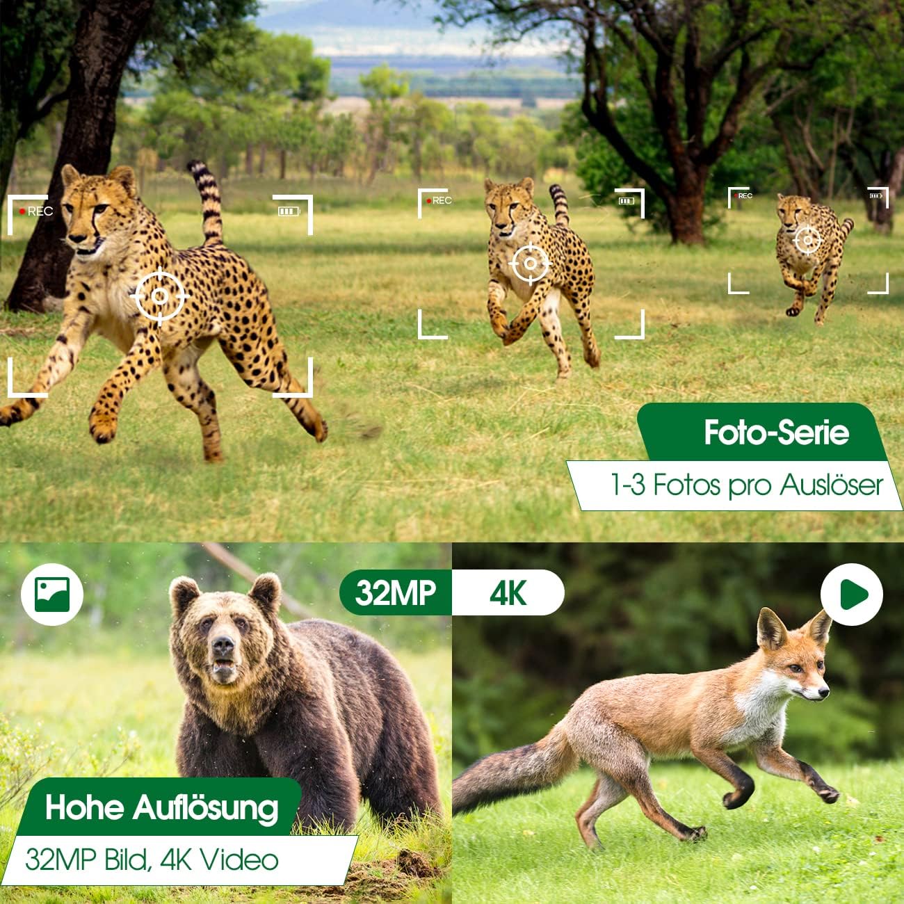 Crenova 4K 32MP wildlife camera with 32GB microSD, 940nm IR LEDs, Bluetooth, motion sensor, night vision, game camera, wildlife camera, IP66, forest camera, wireless transmission.