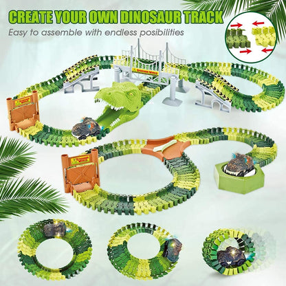 174-Piece Race Track Toys Flexible Train Tracks with 8 Dinosaur Figures, 2 Electric Race Car Vehicles Playset with Lights World Racing for Toddlers, Kids, Boys