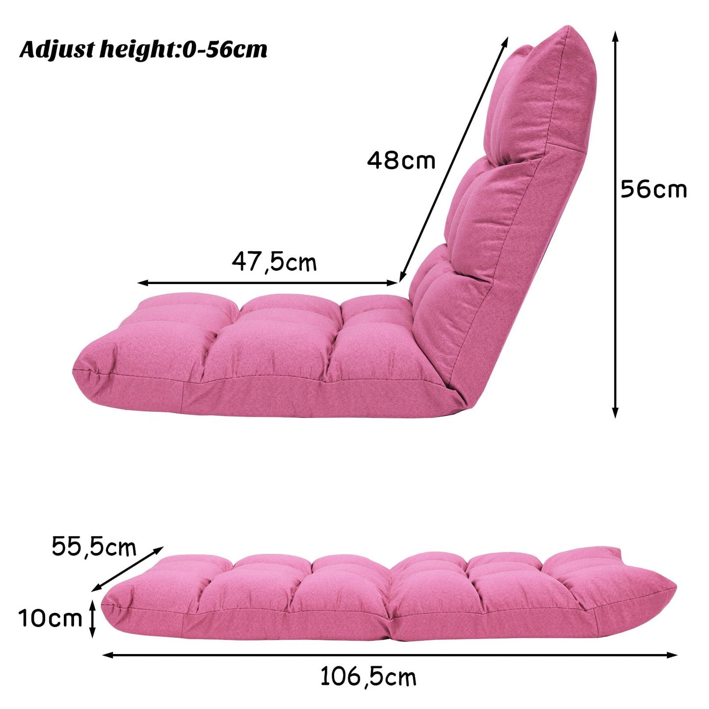 HOMASIS floor chair padded, floor armchair with Adjustable Backrest in 14 positions, reading chair meditation chair foldable for living room, study, office (linen, pink)