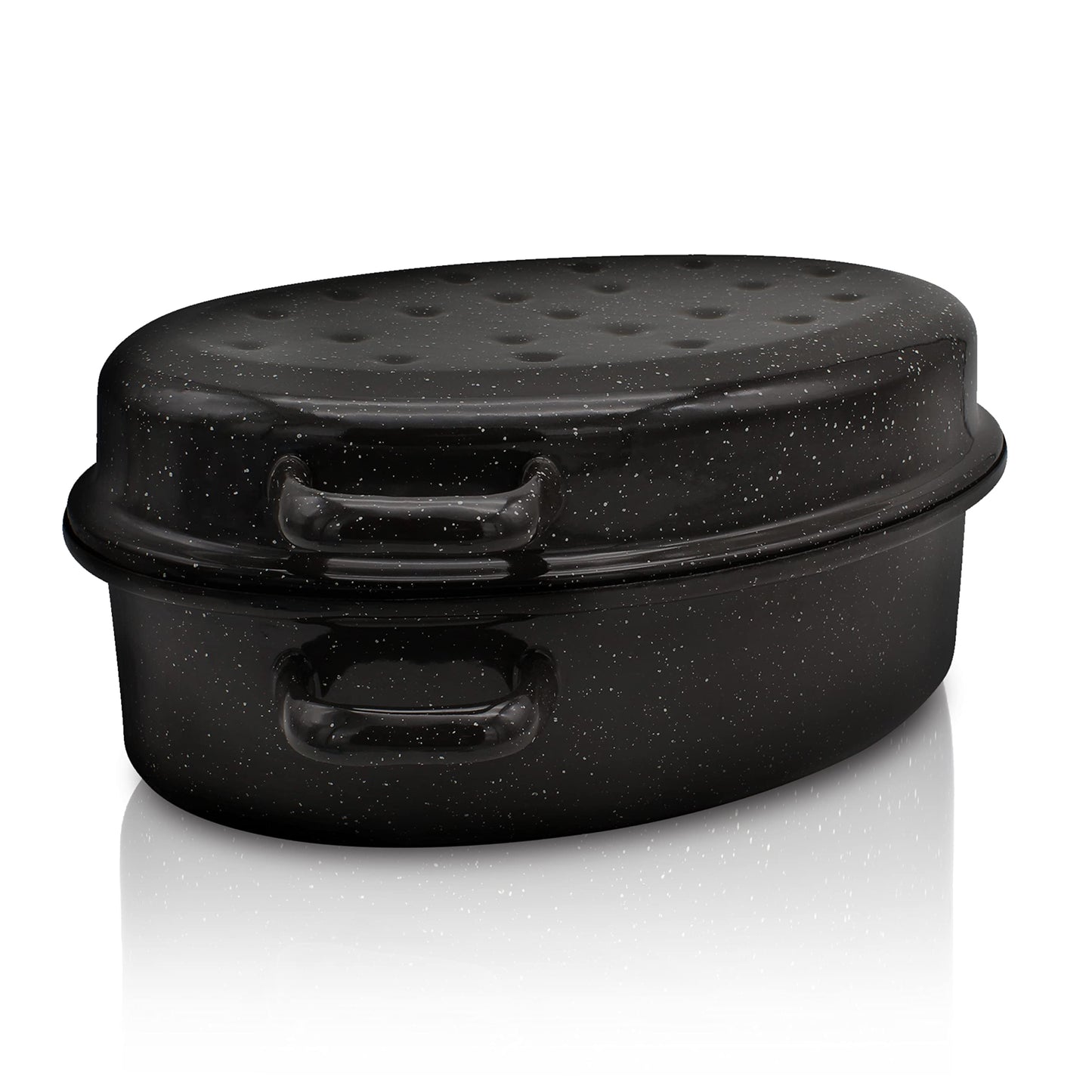 Krüger enameled goose roaster with drip lid - high-quality roaster - suitable for all stove types - excellent for roasts and poultry (enamel - black-white speckled (38 x 28.5 cm))