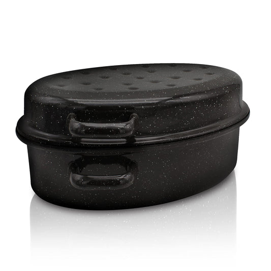 Krüger enameled goose roaster with drip lid - high-quality roaster - suitable for all stove types - excellent for roasts and poultry (enamel - black-white speckled (38 x 28.5 cm))