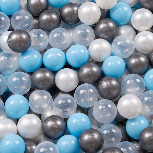 KiddyMoon 700 ∅ 7cm Children Balls Play Balls for Ball Pit Baby Plastic Balls Made in EU, Transparent/Silver/Pearl/Baby Blue