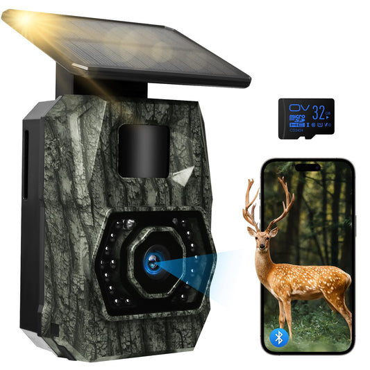 Wireless trail camera with mobile transfer app, solar-powered wildlife camera with 5200mAh battery, motion sensor night vision 0.1s trigger time, Bluetooth wildlife camera night vision, IP66 waterproof.