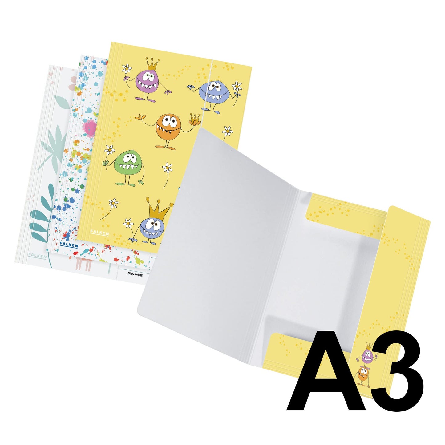 Falcon 10-pack folder for kids. Made of extra strong cardboard with 3 flaps and elastic band to store A3-sized artwork. Perfect storage folder for school.