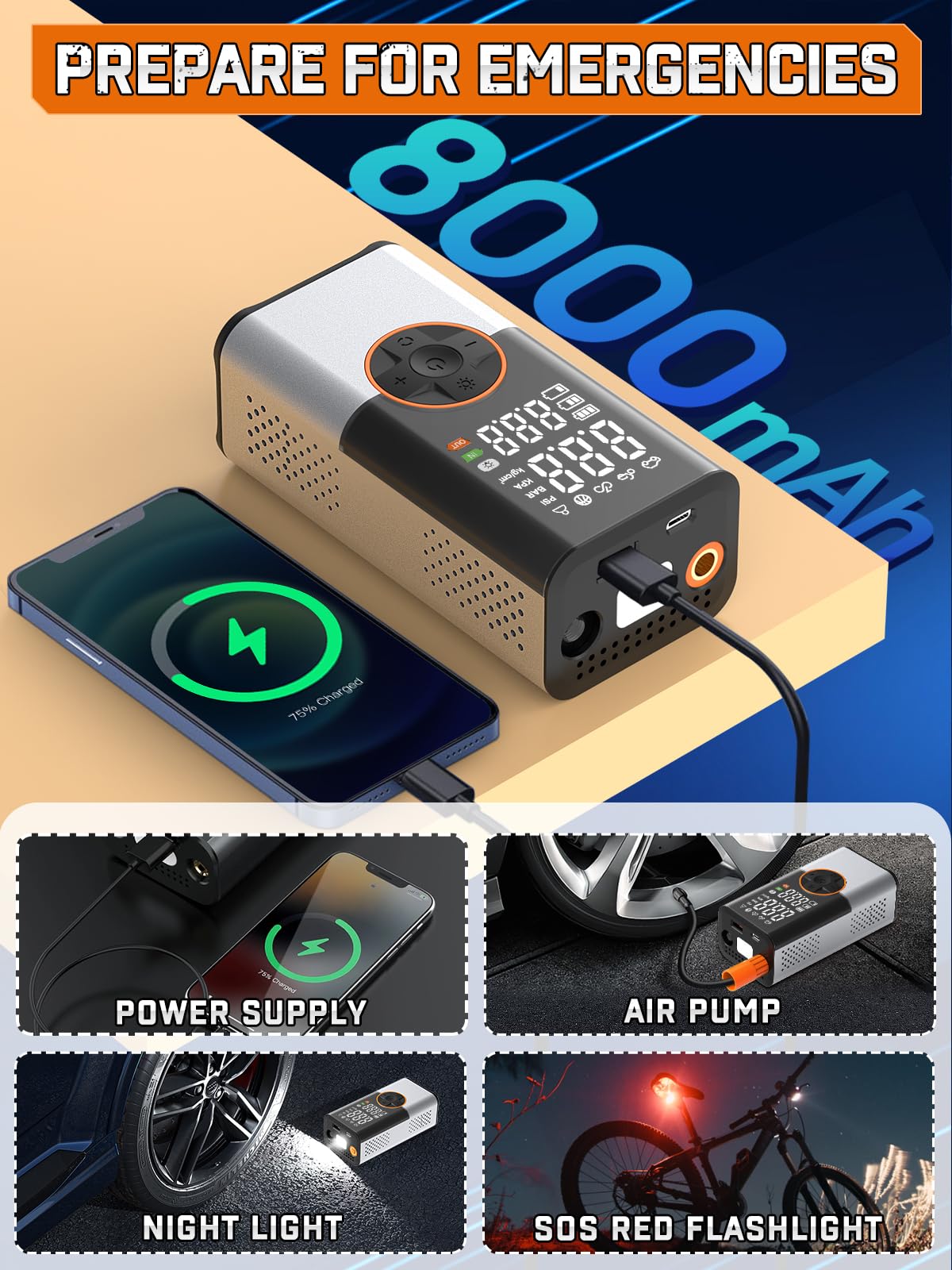 BIBURY 8000mAh Electric Air Pump Bike Pump Electric 150 PSI with 5 Modes Battery Air Pump Air Compressor Portable Bike Pump with LED Flashlight, Powerbank for Car Moto Bike Balls