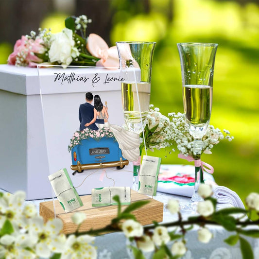 Engraved line Personalized money gift wedding - Acrylic glass with wedding car - Premium wedding gifts for bride and groom - Wedding money gifts - Wedding gift - With name and date