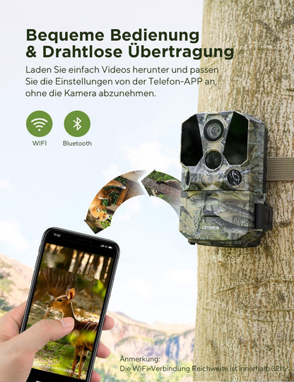 CEYOMUR Trail Camera 40MP 4K 30fps, Trail Camera Cell Phone Transfer with Motion Sensor Night Vision, Trail Camera WiFi with 120° Detection Angle 0.2s Quick Trigger IP66 Waterproof for Wildlife Monitoring