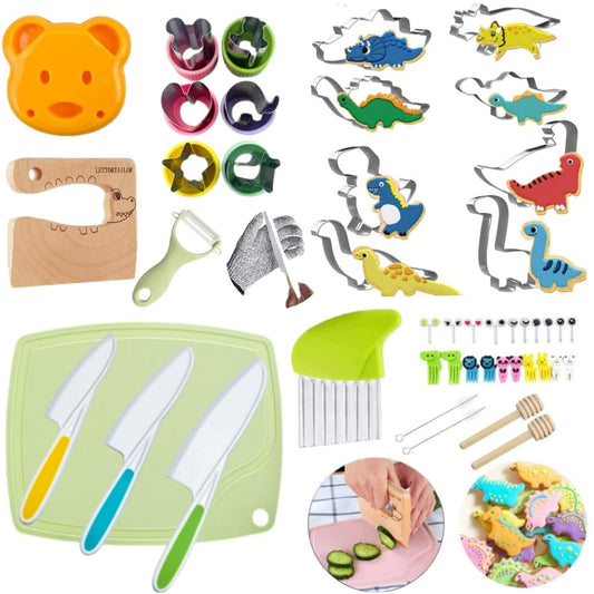 47-piece children's kitchen knife set with dinosaur cookie cutters and kid-friendly knives for cutting cakes, cookies, fruit, sandwiches, and vegetables.