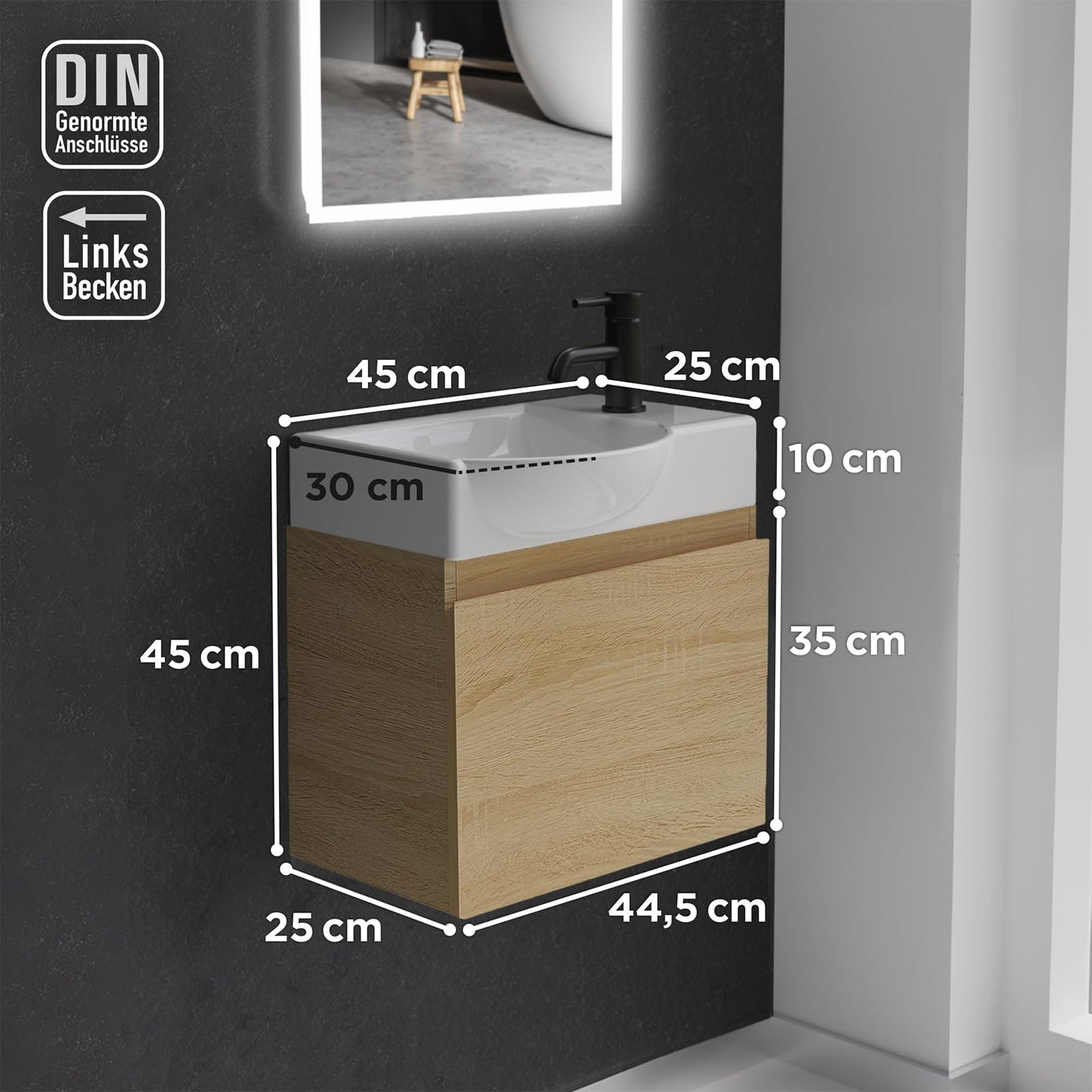 Alpenberger washbasin with cabinet | Guest WC sink small 45 cm wide | Countertop basin with washbasin cabinet | Bathroom hanging cabinet | Light oak washbasin cabinet