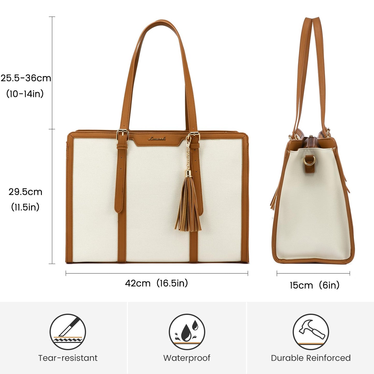 LOVEVOOK laptop handbag for women, fits up to 15.6 inch laptop. Can be used as tote, shoulder, crossbody bag. Made of canvas, perfect for office, business, travel or leisure. Elegant and spacious for teachers and professionals.