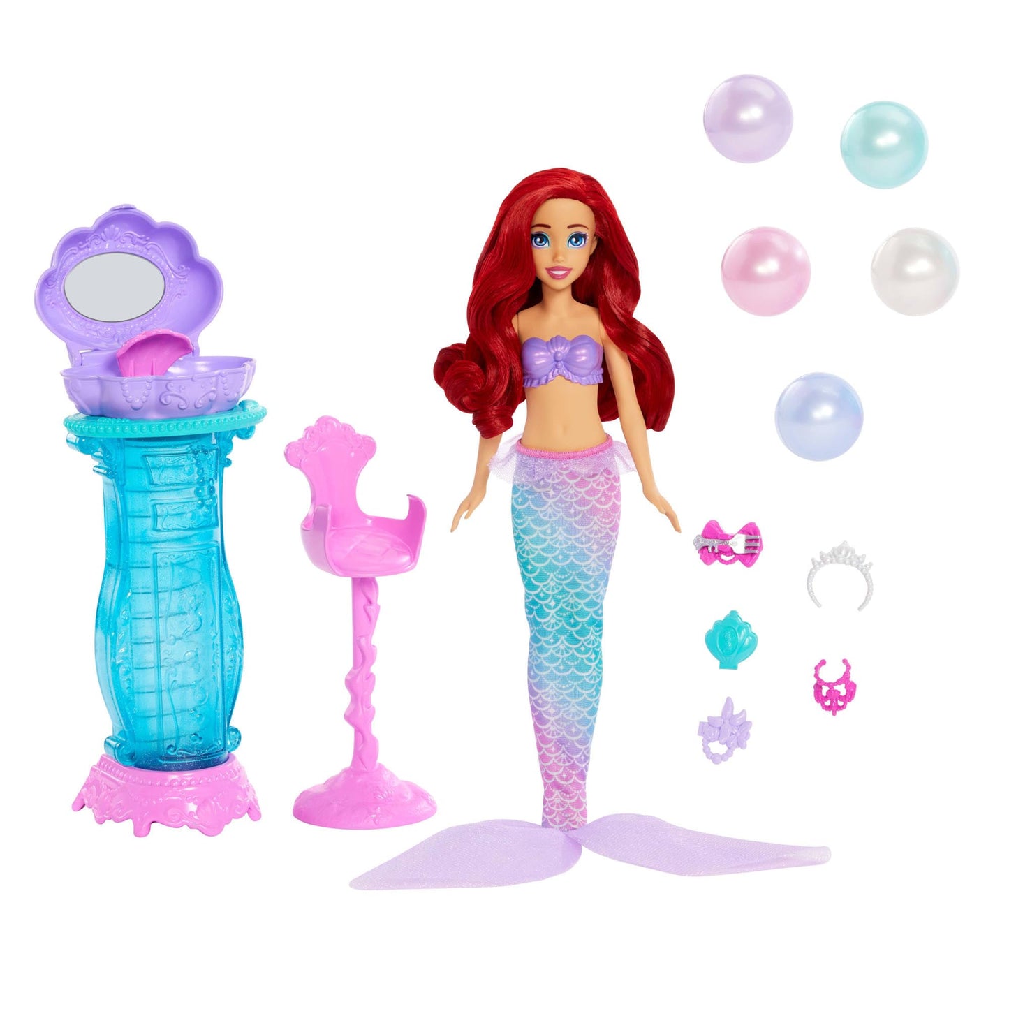 Mattel Disney Princess toys, Makeup Shell Mermaid Ariel Fashion Doll with removable tail fin, Vanity with 5 repeatable pop-up surprises and 5 accessories, JBF86