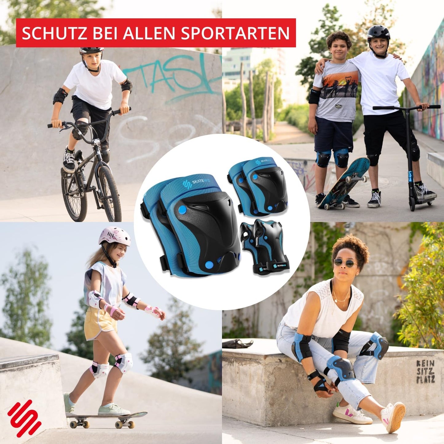 SKATEWIZ Kids Knee Pads for Inline Skating - Protective Gear Set [6 Pieces] - Knee and Elbow Pads - Safety Set for Skateboarding and Rollerblading - PROTECT-1 Blue Size S