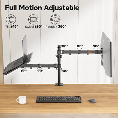 Redbat Monitor Arm with Laptop Tray, Dual Screens, Fully Adjustable for 13 to 32 inch LCD LED Monitor up to 8kg & Notebook up to 16 inch, Tilt, Swivel & Rotate, 2 Mounting Options