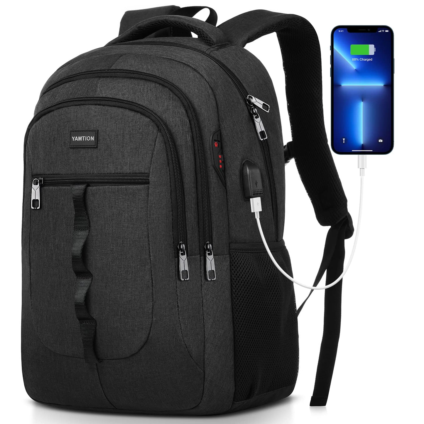 YAMTION Black Backpack for Men and Women, Unisex School Backpack for Teenage Boys Girls 17.3 Inch Laptop Backpack School Bag with USB for College School Work Office