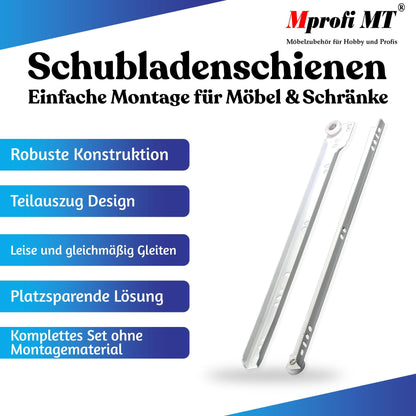 Mprofi MT® 20 pieces, 10 pairs | Drawer slides partial extension | 550mm length | Robust steel drawer slide | 30 kg load capacity | Easy installation for furniture & cabinets | White | VB550/10