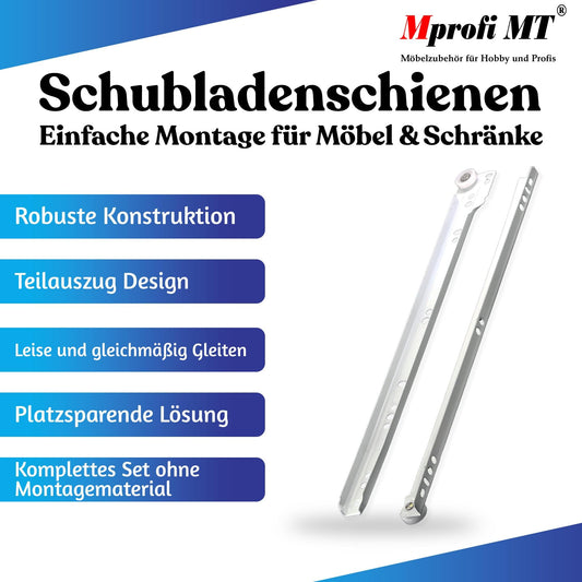 Mprofi MT® 20 pieces, 10 pairs | Drawer slides partial extension | 550mm length | Robust steel drawer slide | 30 kg load capacity | Easy installation for furniture & cabinets | White | VB550/10