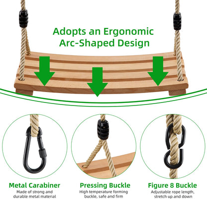An exercise wooden swing seat for adults and children, with adjustable rope up to 100kg, suitable for indoor and outdoor use.