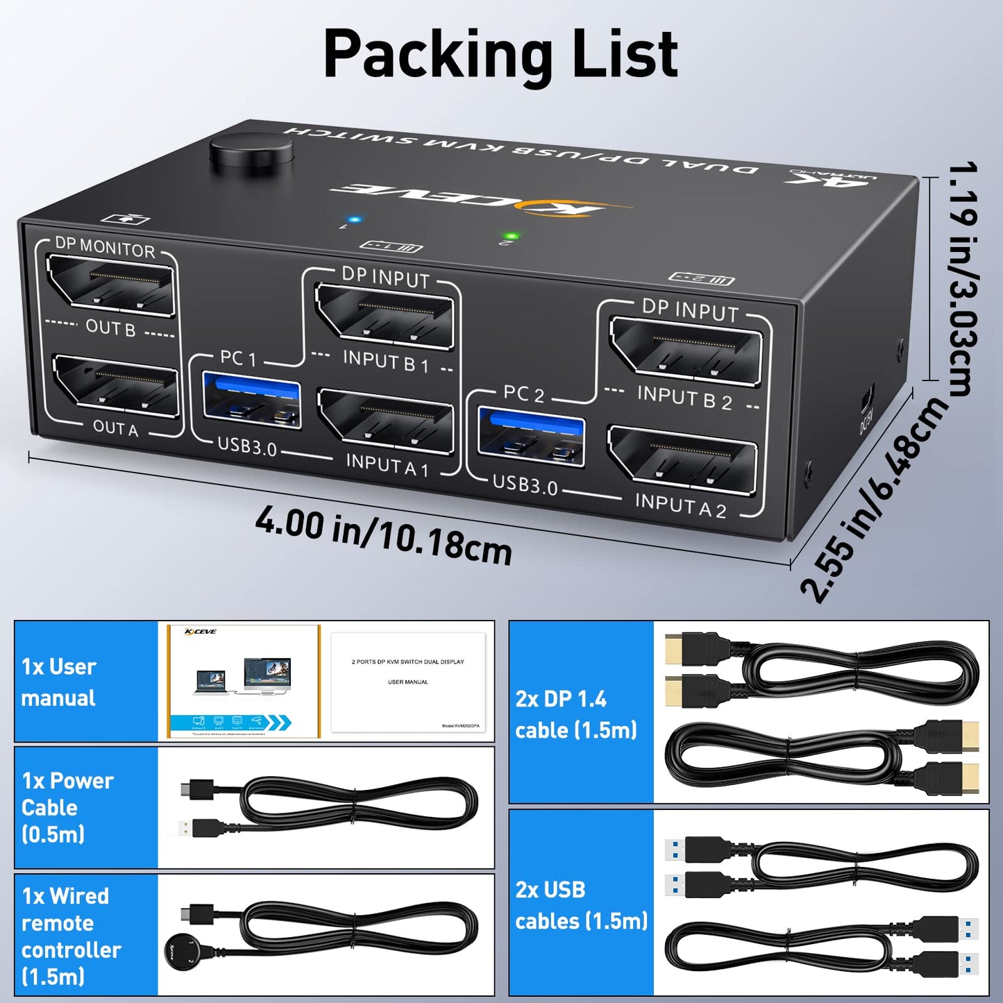 DP KVM Switch supports 2 computers and 2 monitors, allowing them to share keyboard, mouse, and monitor with USB 3.0 and DisplayPort connections. Supports 4K@60Hz resolution.
