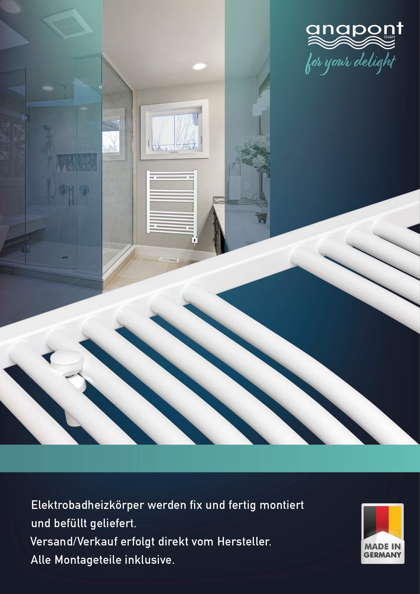 anapont electric bathroom radiator 775x400 - white straight - timer function - towel radiator - electric bathroom heating - towel heater - Made in Germany