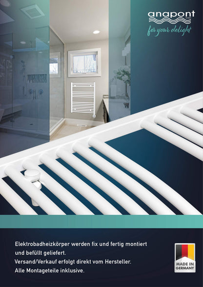 anapont electric bathroom radiator 775x400 - white straight - timer function - towel radiator - electric bathroom heating - towel heater - Made in Germany