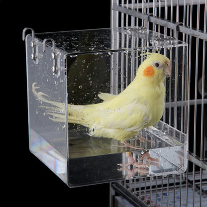Aceshop Bird Bath Hanging Bird Bath Transparent Acrylic Bird Bath House Bath Box Bird Cage Accessory with Hooks for Small Birds Finch Budgie Canary Parrot-12.8 * 11.3 * 13 cm