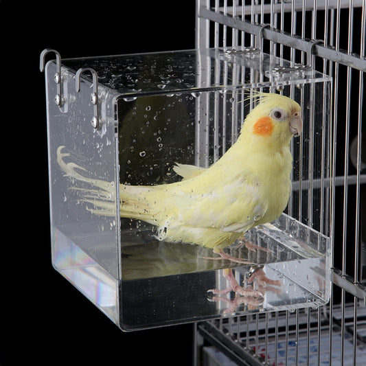 Aceshop Bird Bath Hanging Bird Bath Transparent Acrylic Bird Bath House Bath Box Bird Cage Accessory with Hooks for Small Birds Finch Budgie Canary Parrot-12.8 * 11.3 * 13 cm