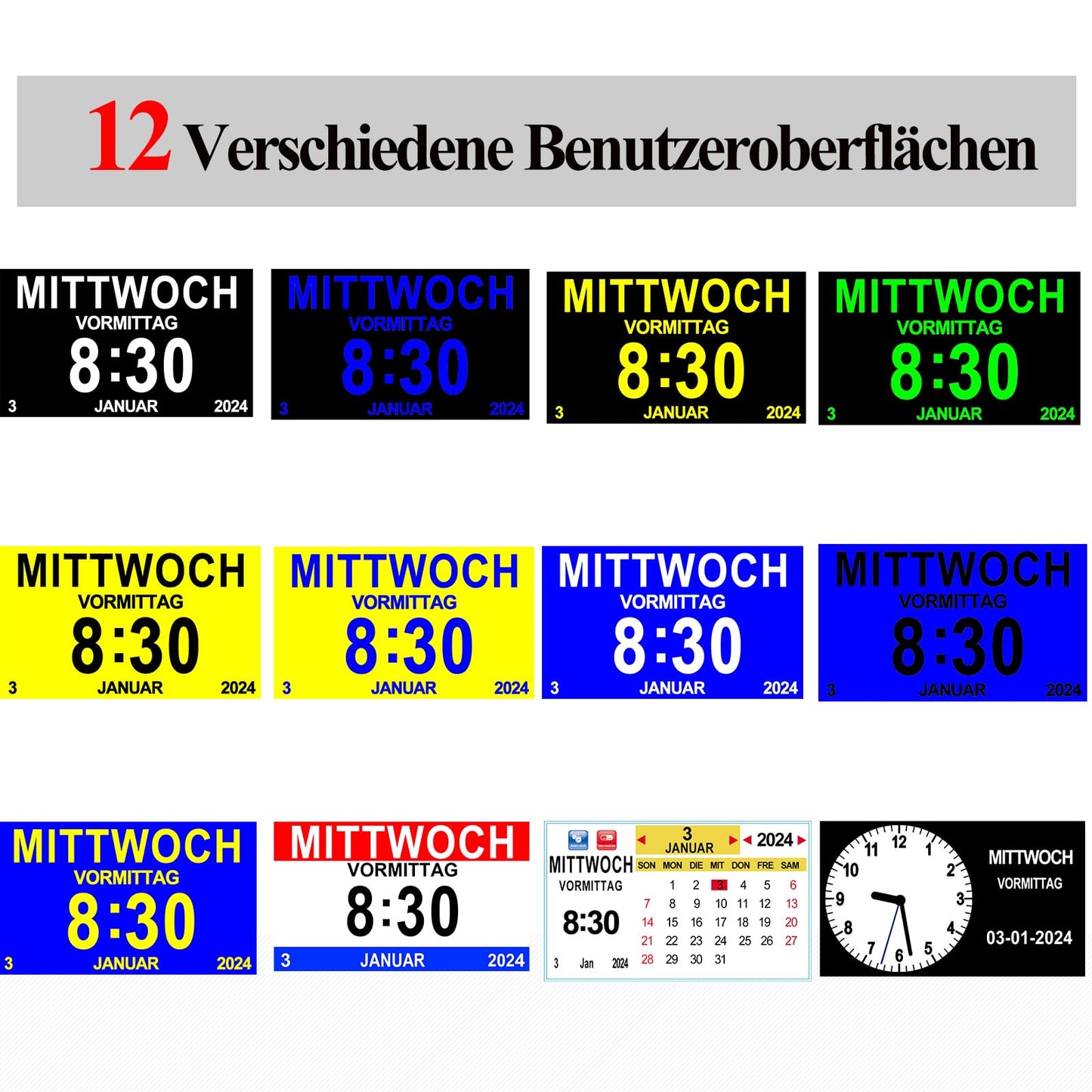 SINOIDEAS Digital Alarm Clock, Digital Calendar, Dementia Clock for Seniors with Customized Reminders (Black, 8 inch)