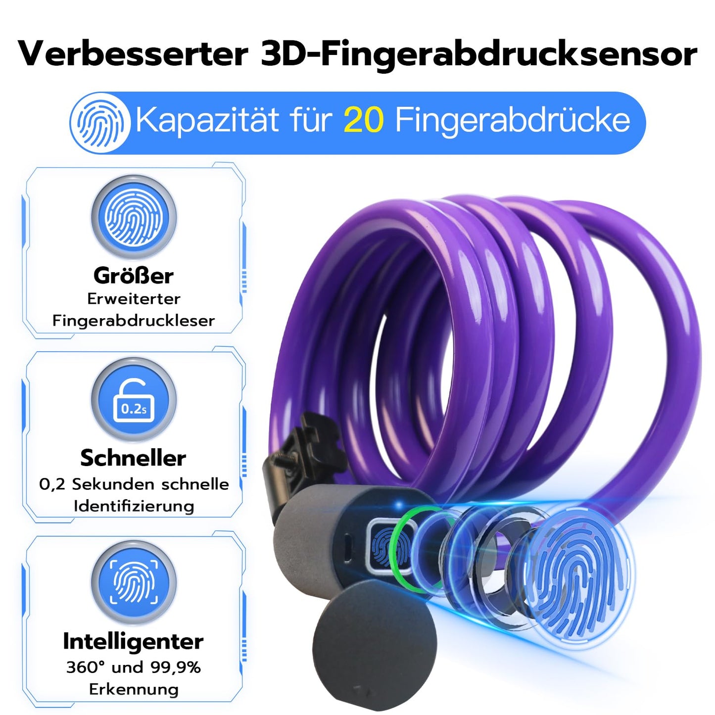 Anweller bike lock with fingerprint, 1.5m cable lock waterproof portable with bike lock holder, smart lock recordable with 20 fingerprints, anti-theft security made of 12mm steel wire.