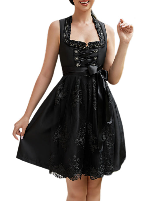 KOJOOIN Women's 2pc Midi Dirndl Dress Short Dirndl Dress with Dirndl Apron for Oktoberfest Black A (High-End) size 34