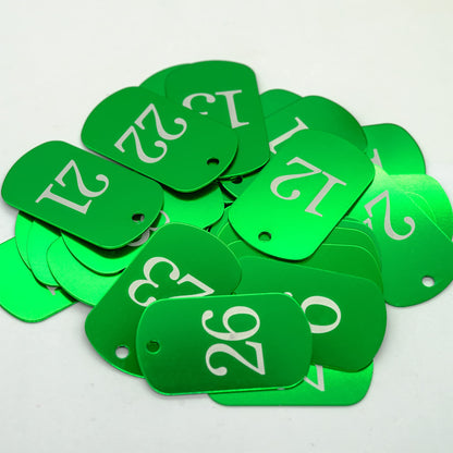 Aluminum tags with engraved numbers 1 to 50, keychains, identification tags with key rings, green