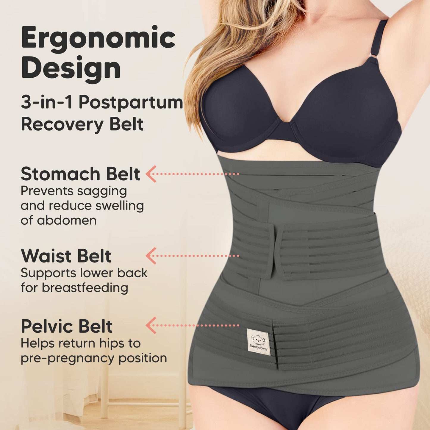 KeaBabies Revive 3 in 1 Postpartum Belt for Women - Belly Belt After Birth C-Section, Postpartum Recovery Belt, Belly Wrap After Birth, Pregnancy Belly Band (Mystic Gray, M/L)