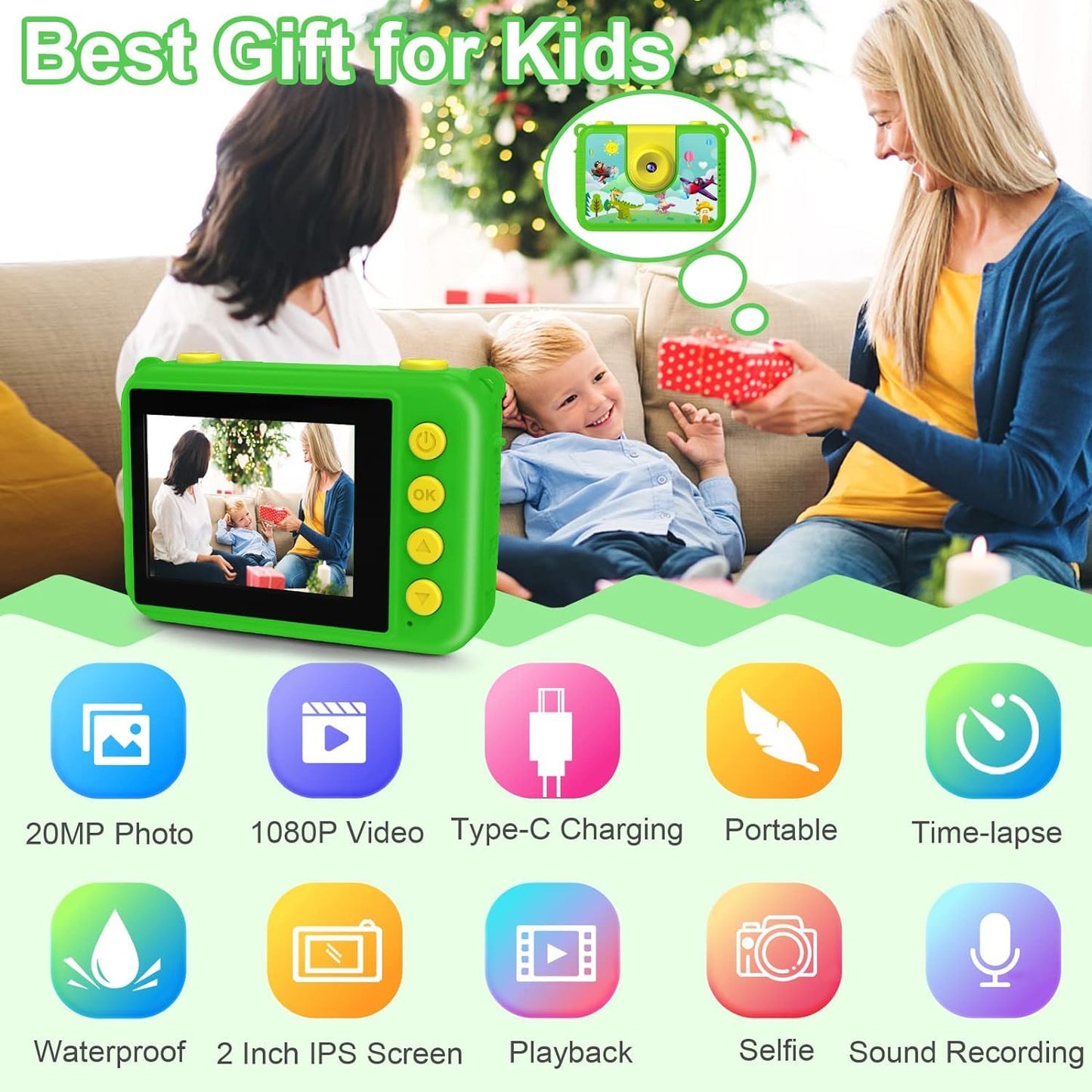 GKTZ kids camera waterproof, 180° rotatable digital action camera for kids, birthday gift toy for children ages 3-12 boys and girls, underwater camera with 32GB SD card, green