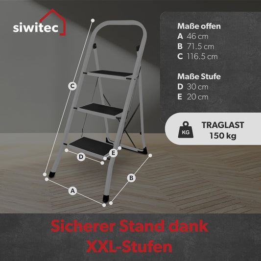 siwitec step ladder, foldable ladder with 3 steps, steel folding stool can hold up to 150 kg, foldable step stool, TÜV/GS certified, anthracite