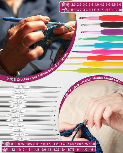 Coopay crochet set for beginners, 71 pieces crochet hook set with bag and yarn, premium crochet set with knitting accessories and yarn, 0.6-6.0mm crochet hook set, complete crochet for beginners gifts, silver