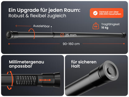 MEISENBERG clamp-on curtain rod 90-160cm - no drilling shower rod - curtain rod - black - telescopic rod - 1 piece