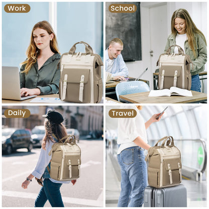 LOVEVOOK backpack for women, large laptop school backpack for girls teenagers 17 inches with data cable bag, waterproof travel backpack school bag backpack elegant for university work business travel beige
