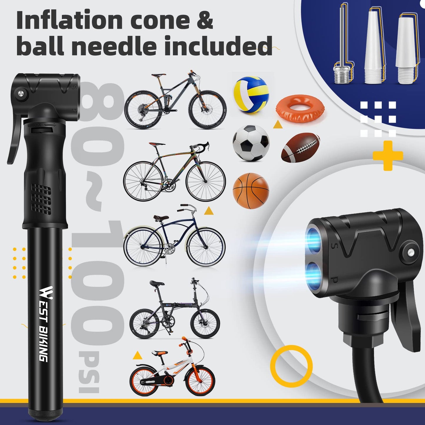West Biking Mini Bike Pump - Aluminum Bicycle Air Pump for all valves, portable small bike pump, quick tire inflation. Lightweight mini bike pump for MTB road bike ball pump.