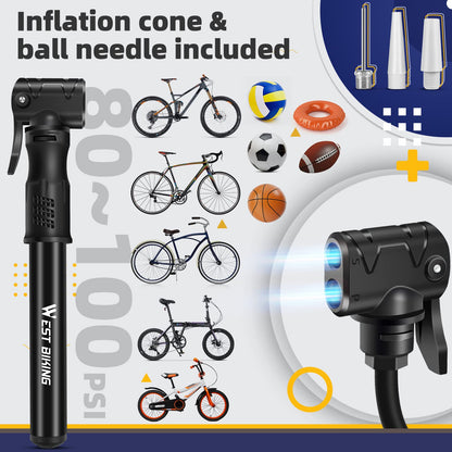 West Biking Mini Bike Pump - Aluminum Bicycle Air Pump for all valves, portable small bike pump, quick tire inflation. Lightweight mini bike pump for MTB road bike ball pump.