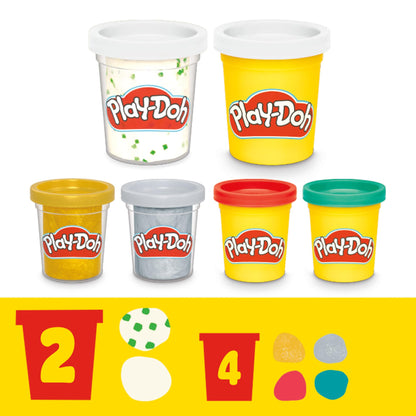 Play-Doh Dentist Dr. Wackelzahn Craft Set with 8 x 56g Tubs and 10 tools for shaping, with cavity clay and metallic clay, creative fun for kids.