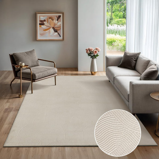 the Rio carpet - modern and soft rug for living room or bedroom with non-slip backing and 3D effect. Fluffy surface, easy to care for and durable. Cream color, 200 x 280 cm.